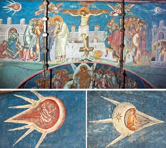 Ancient Astronaut UFO High-waisted T-shirt | Medieval Fresco Mystery