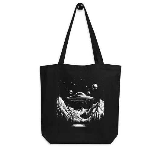 UFO & Orbs Tote Bag | Mysterious Lights Over the Mountains