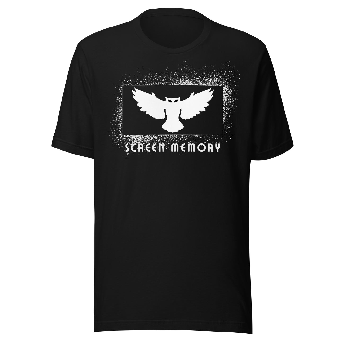 Black t-shirt with a white owl design and 'Screen Memory' text on a white background