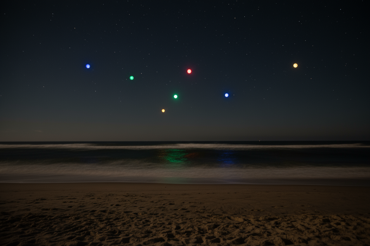 7 drones lights in the sky of various colors that look real over the atlantic as seen from the coast 