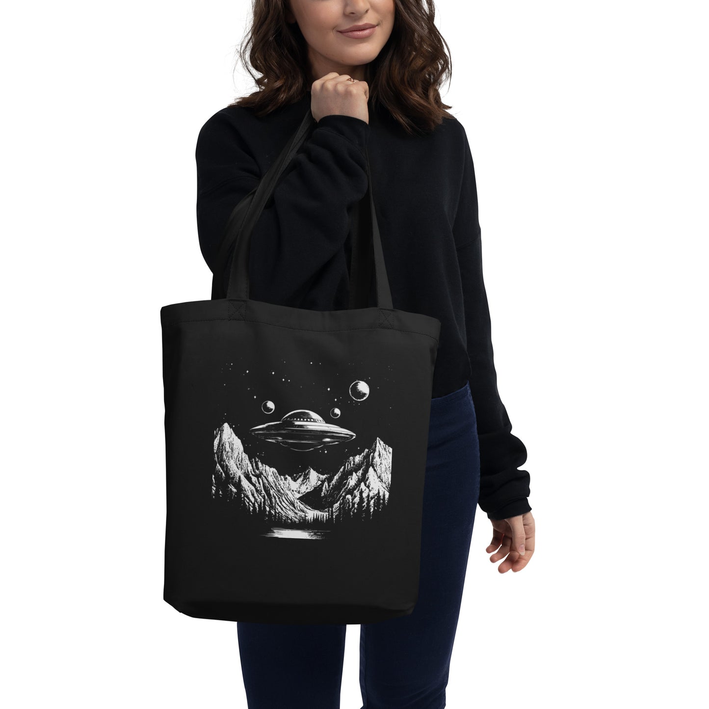 UFO & Orbs Tote Bag | Mysterious Lights Over the Mountains