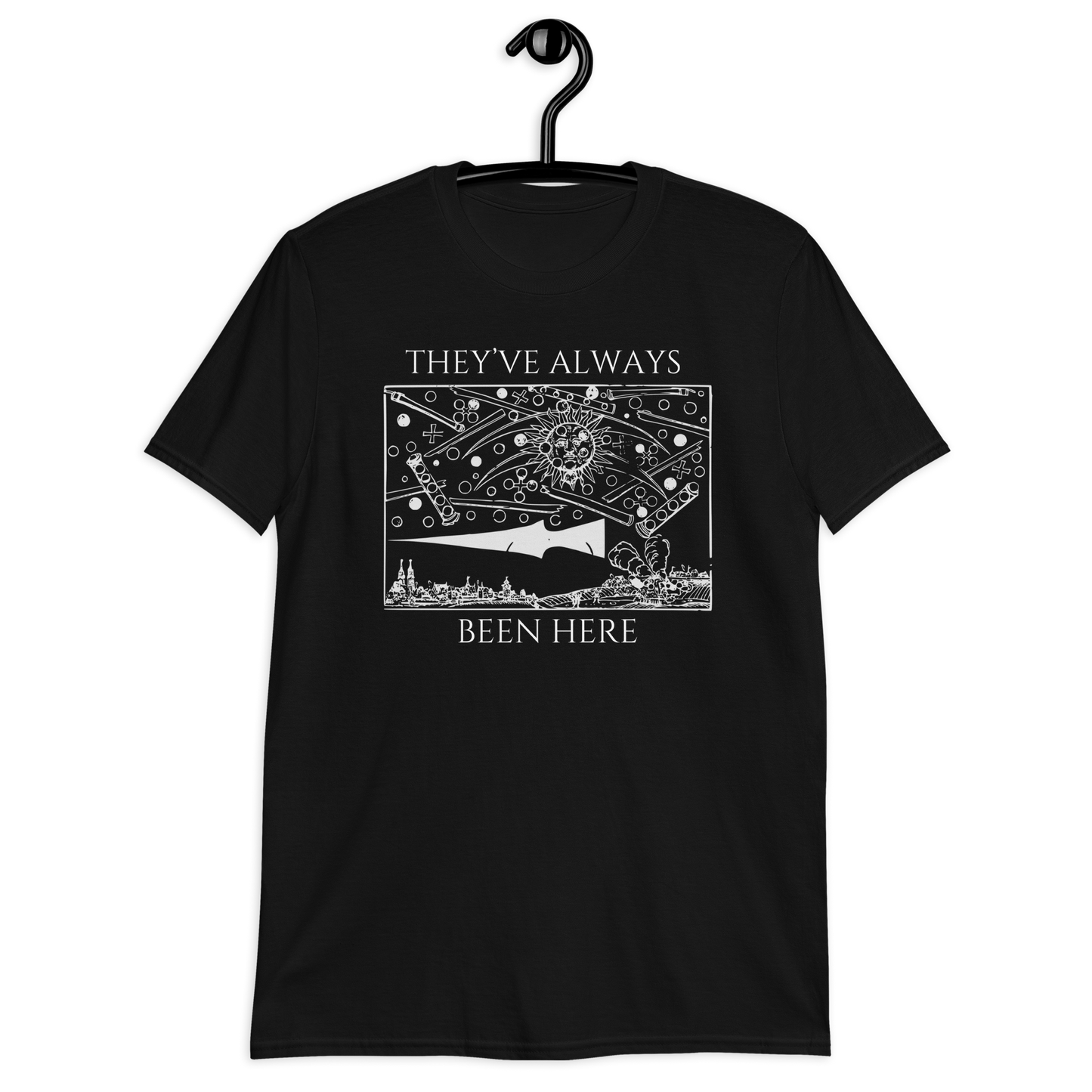 Black t-shirt with white graphic and text on a hanger