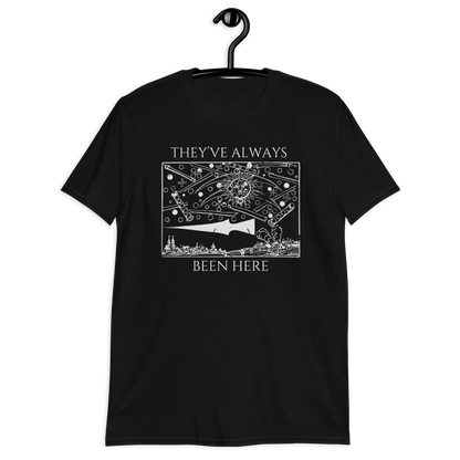 Black t-shirt with white graphic and text on a hanger