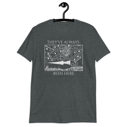 Dark gray t-shirt with white graphic and text on a hanger against a white background