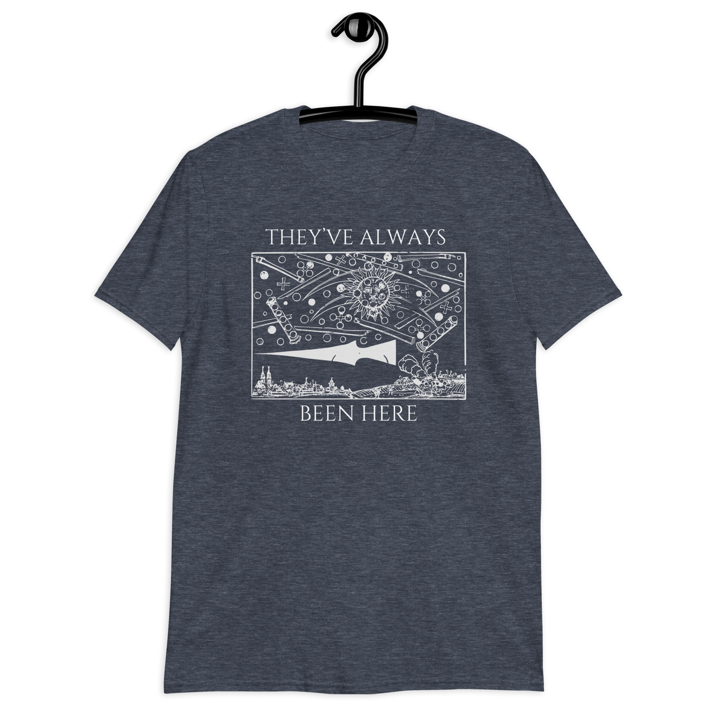 Navy heather t-shirt with white graphic and text on a hanger
