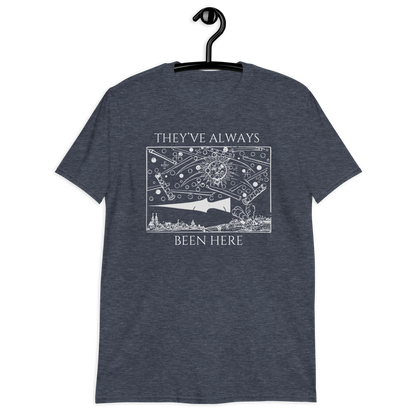 Navy heather t-shirt with white graphic and text on a hanger