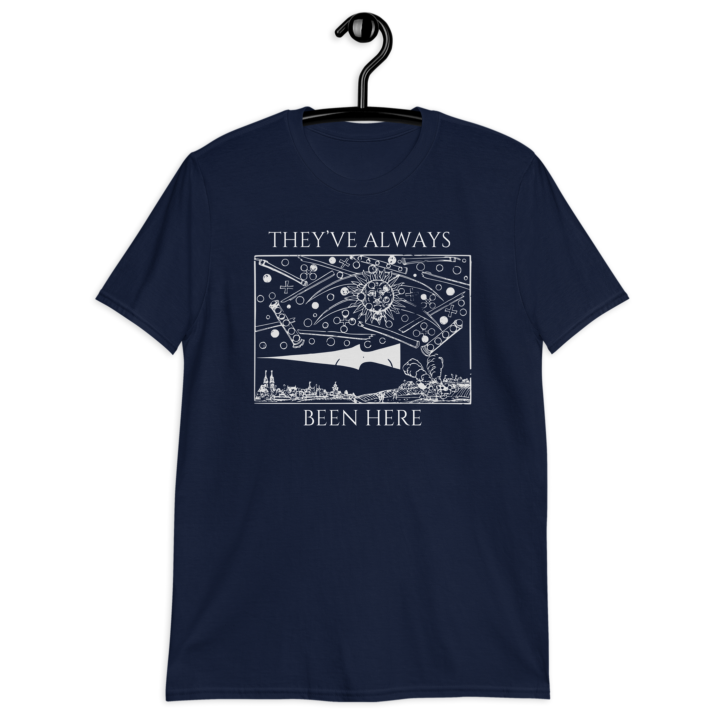 Navy blue t-shirt with white graphic and text on a hanger