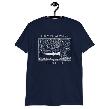 Navy blue t-shirt with white graphic and text on a hanger