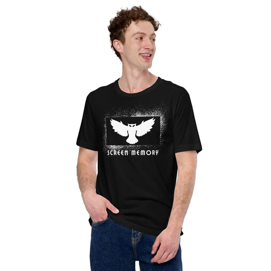 Person wearing a black t-shirt with a graphic design and text on a white background
