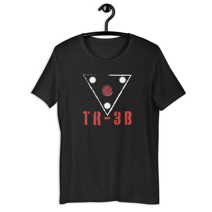 Heather Black t-shirt with a geometric design and 'TR-3B' text on a hanger against a white background