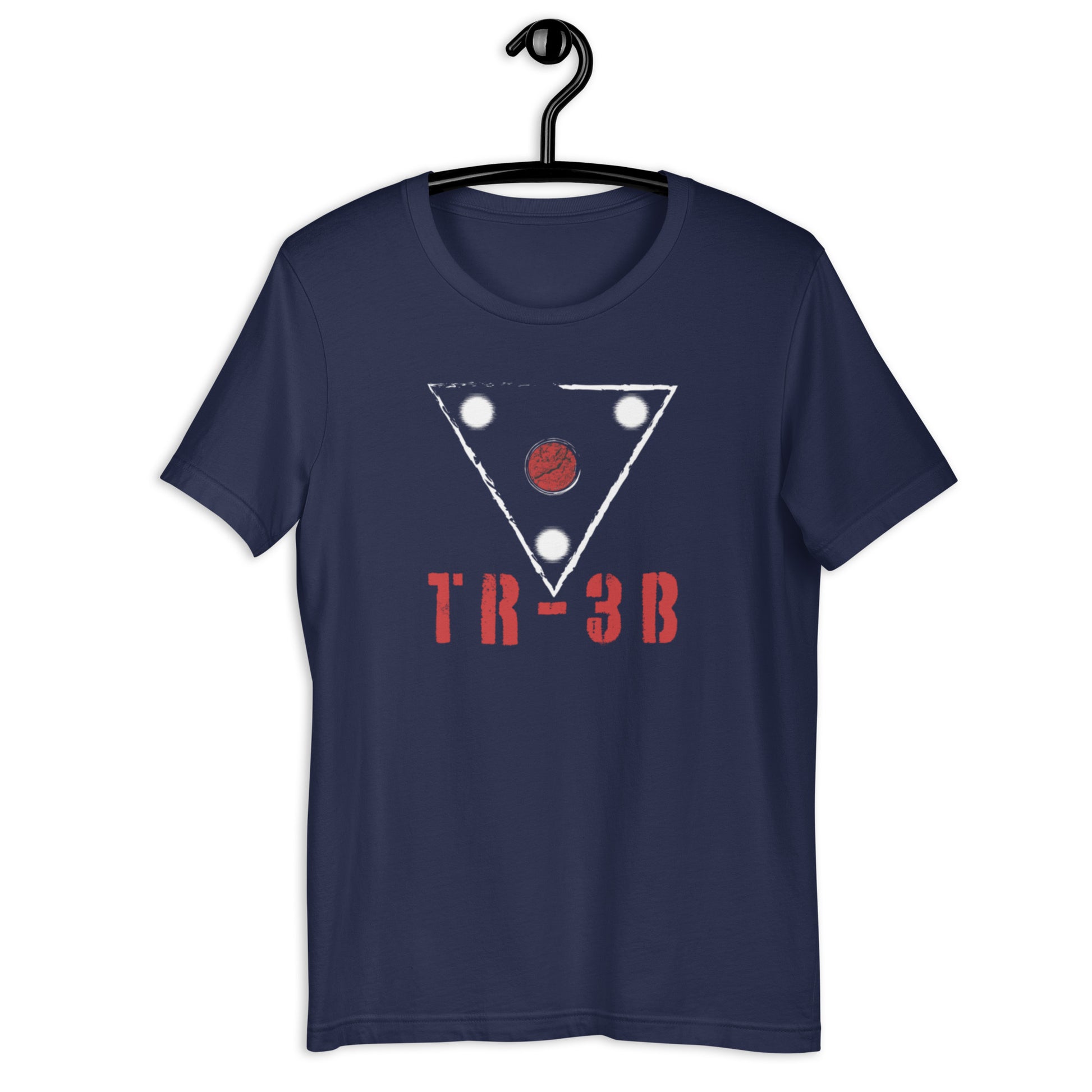 Navy blue t-shirt with a geometric design and 'TR-3B' text on a hanger against a white background