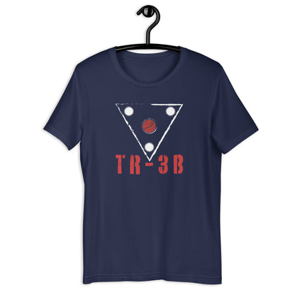 Navy blue t-shirt with a geometric design and 'TR-3B' text on a hanger against a white background